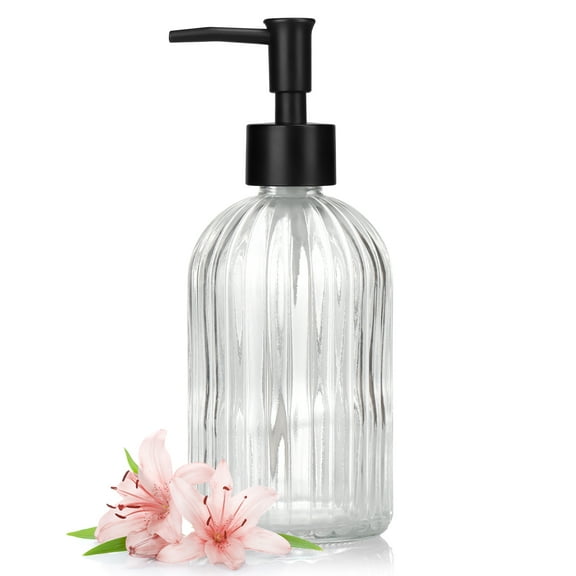 Glass Soap Dispenser with Black Pump - Transparent Ribbed Reusable Dispenser for Liquid Toiletries | Fits Bathroom, Kitchen, Office | Eco-Friendly, Easy-to-Press (1 Piece, 20cm Tall)