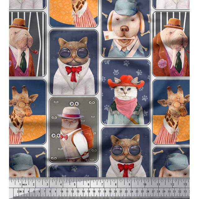 Soimoi Moss Georgette Fabric Paw,Hat & Animals Patchwork Print Sewing Fabric Yard 42 Inch Wide