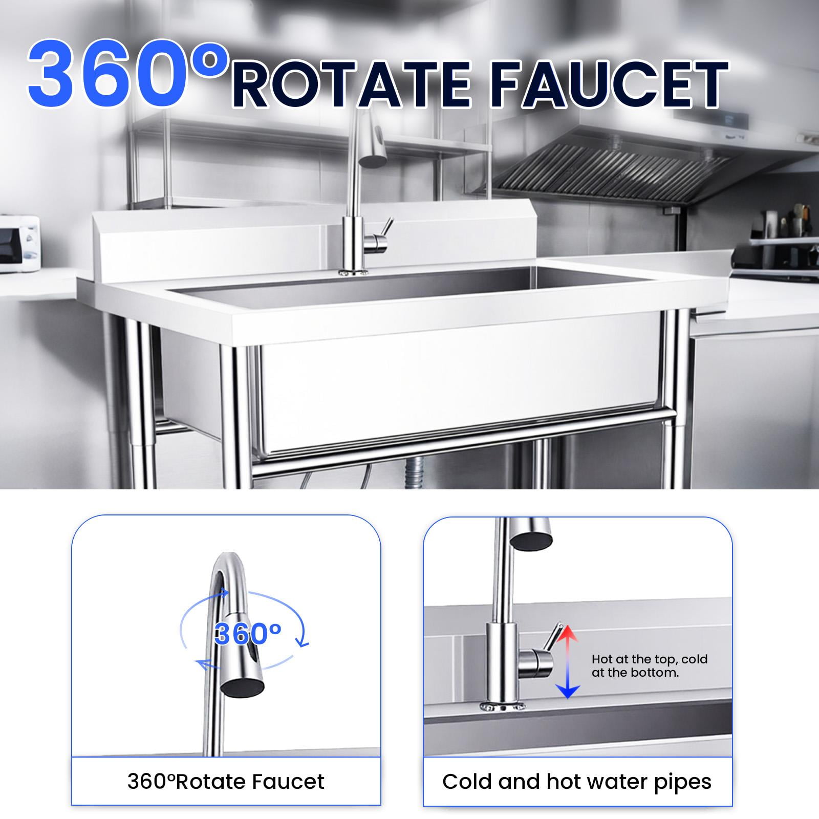 Free Standing Sink, Commercial Sink, Freestanding Utility Sink with Hot & Cold Water Pipes and pull-out Faucet, Stainless Steel Indoor and Outdoor Sink for Backyard Cleaning Station