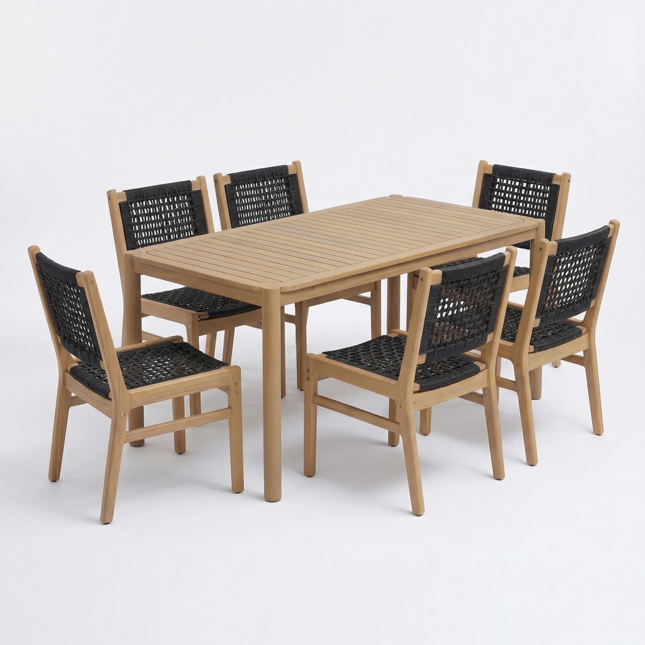 Christopher Knight Home 7-Piece Boho Patio Wooden Dining Set, Rectangular Table with Wicker Chairs, Black