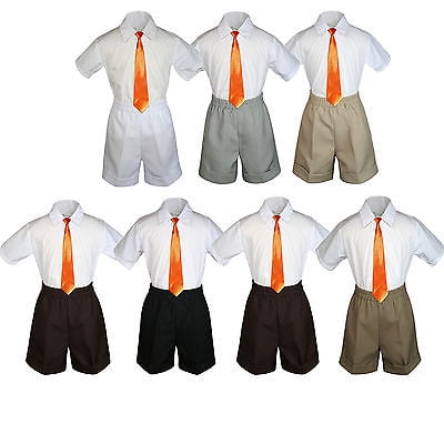 3pc Set BoyToddler Formal Party Orange Necktie White Black Khaki Shorts S-4T