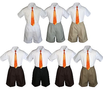 

3pc Set BoyToddler Formal Party Orange Necktie White Black Khaki Shorts S-4T