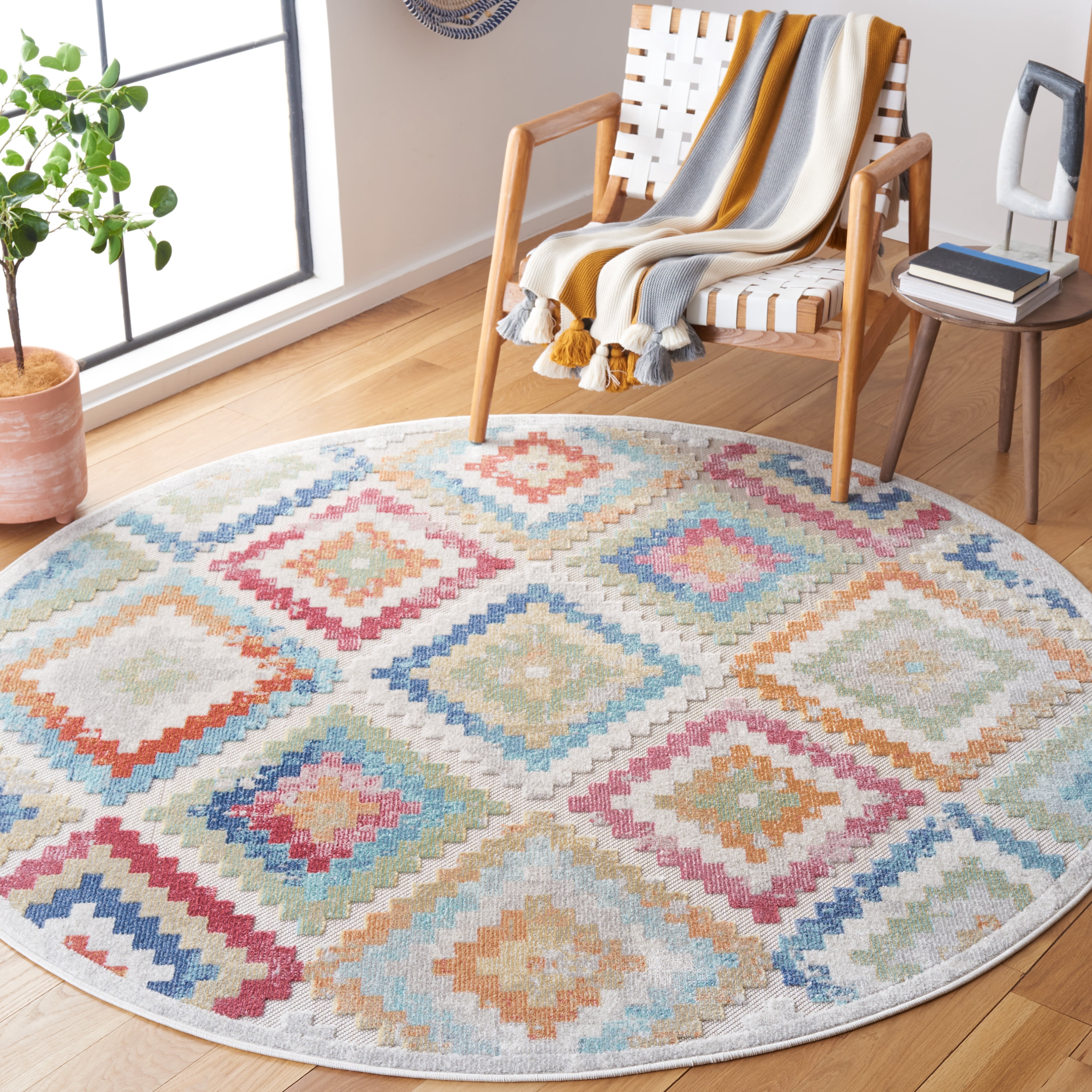 SAFAVIEH Cabana Carina Geometric Indoor/Outdoor Area Rug, Red/Blue/Multi, 6'7" x 6'7" Round