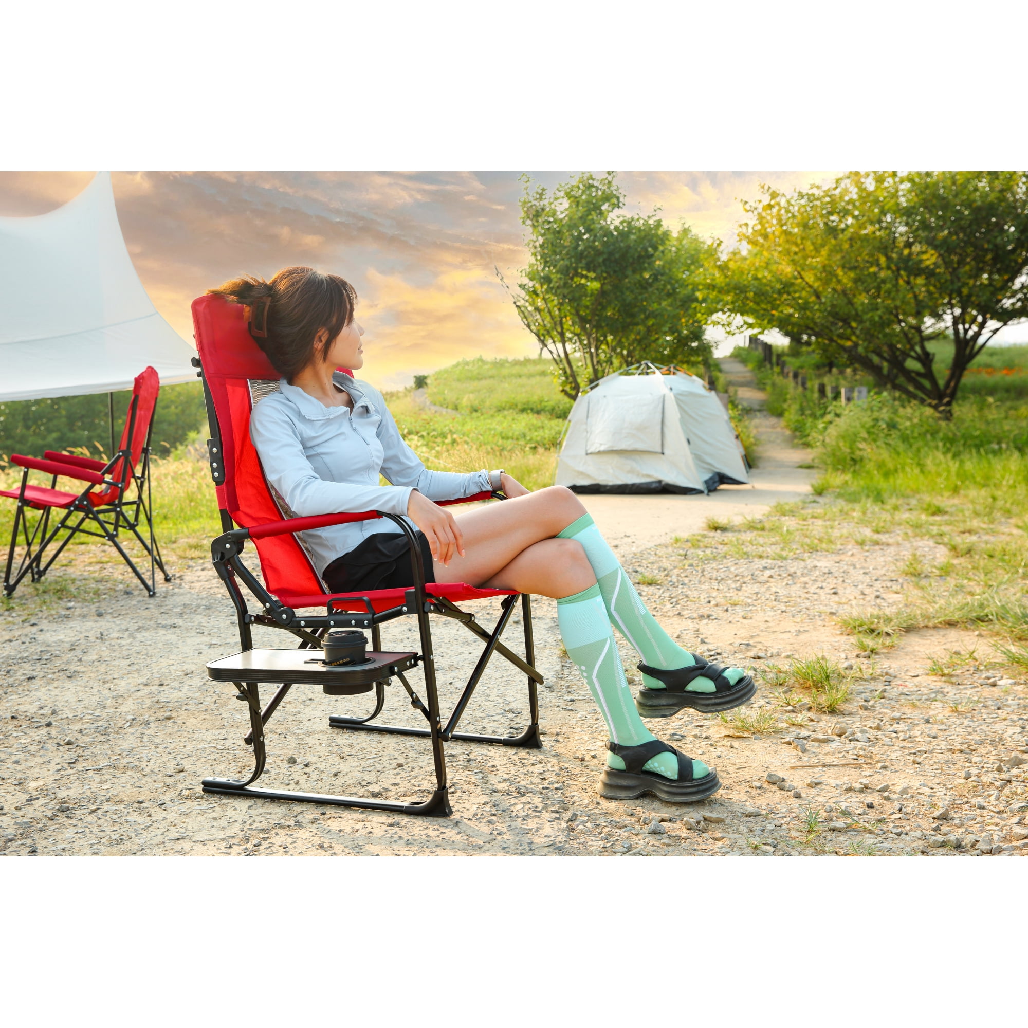 Leumius Camping Directors Chair,Oversized Heavy Duty Portable Folding Camping Chair with Side Table, Pocket for Beach,Fishing,Trip,Picnic,Lawn,Red