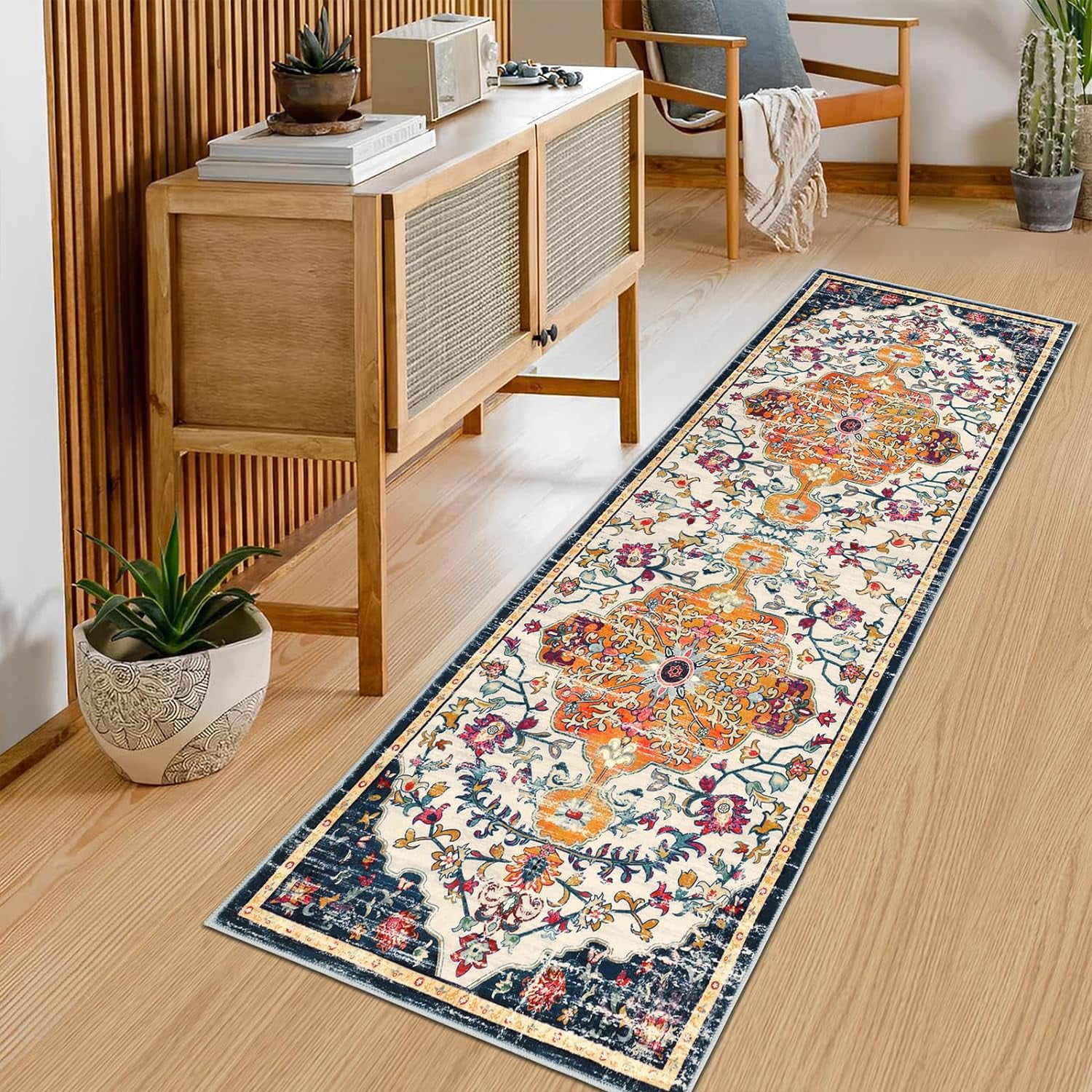 Findosom 2'x6' Vintage Runner Rug 0.4" Distressed Hallway Rug Non Slip Laundry Runner Rug Decor Rug Washable Runner Rug Kitchen Floor Mat Entryway Rug Runner for Laundry Kitchen Dark, Orange