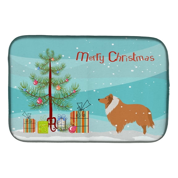 Collie Dog Merry Christmas Tree Dish Drying Mat