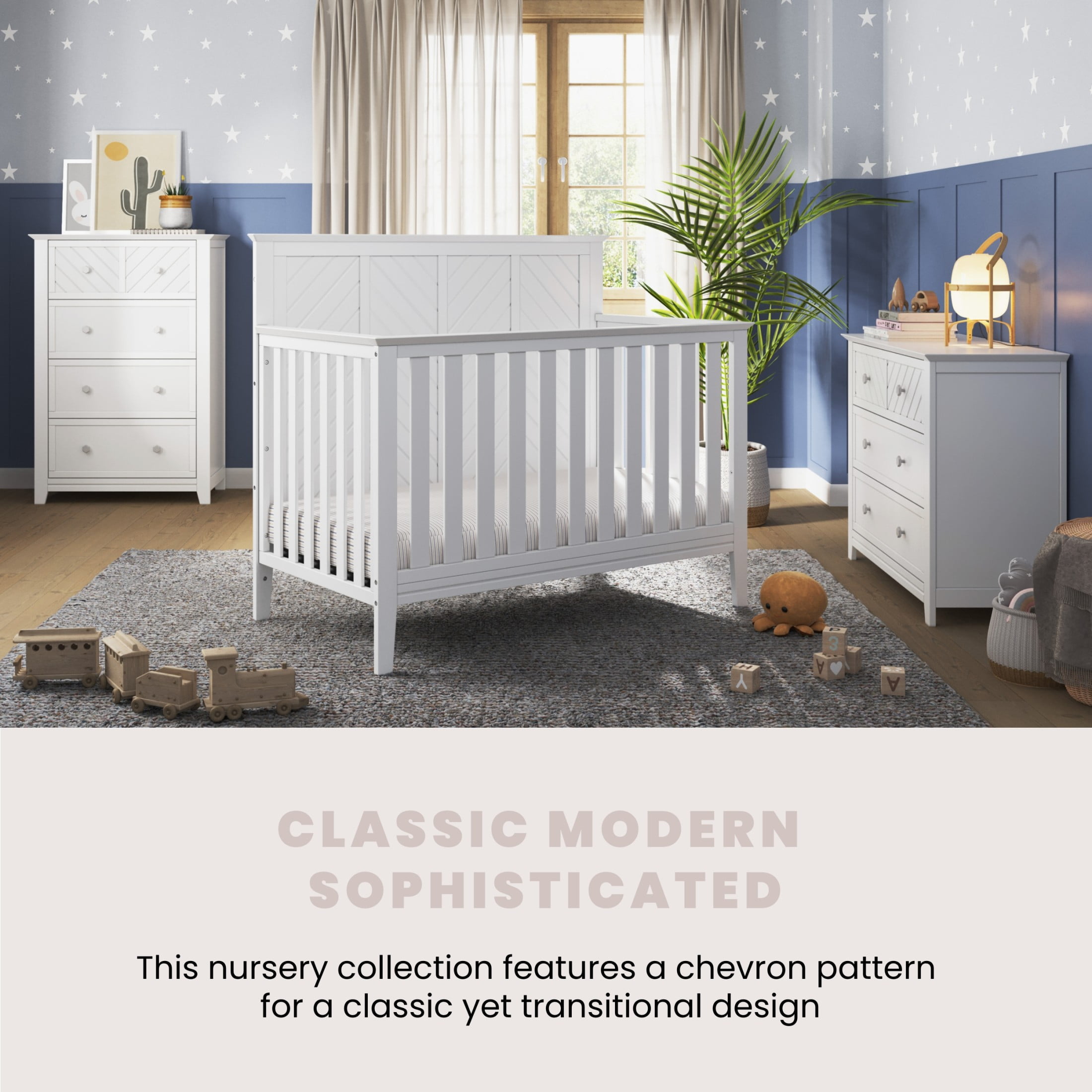 Child Craft Atwood 4-in-1 Convertible Crib, Chevron Panel Design, 3 Mattress Heights, Matte White