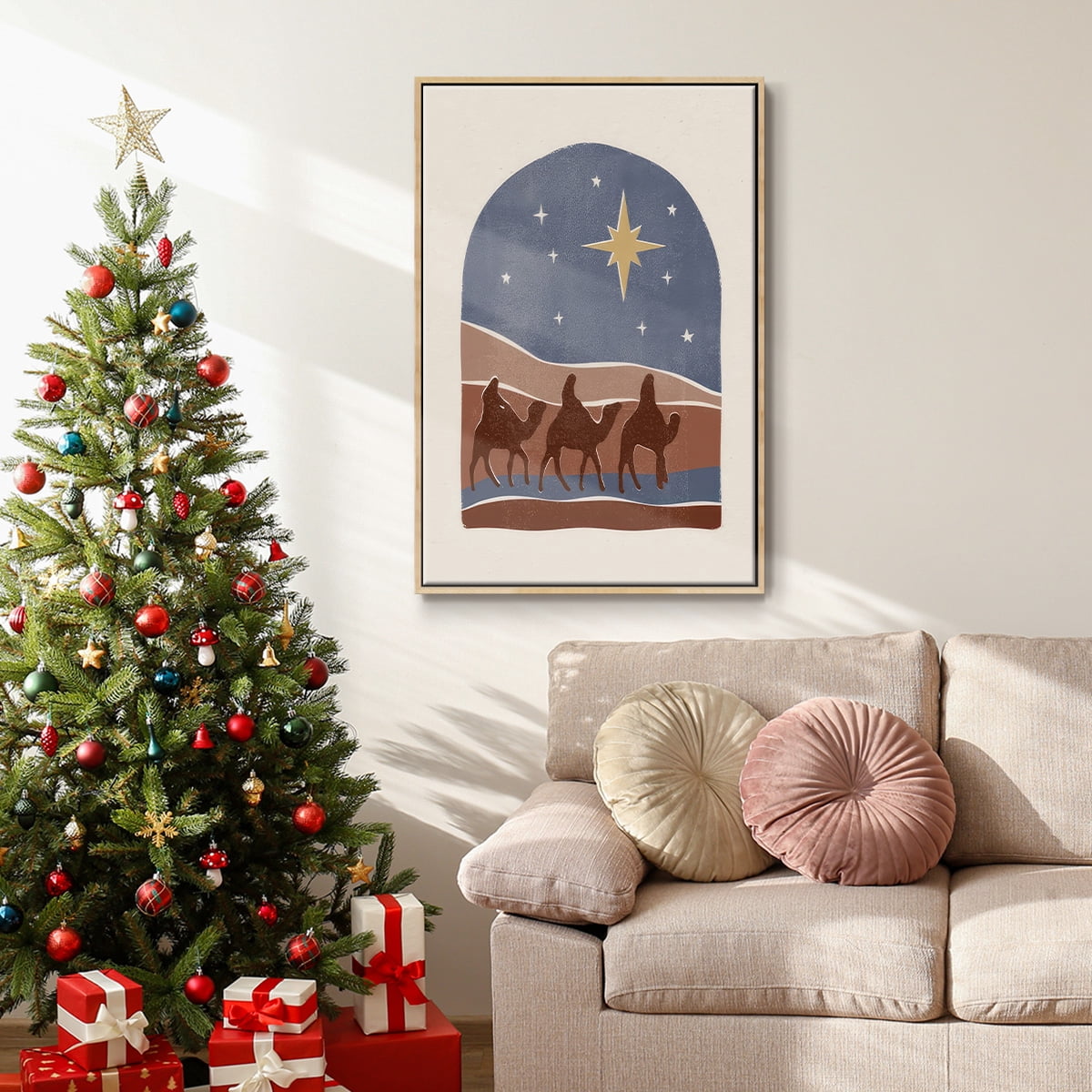 Boho Nativity II - Framed Gallery Wrapped Holiday Canvas - 25 x 37 - Natural Wood Frame