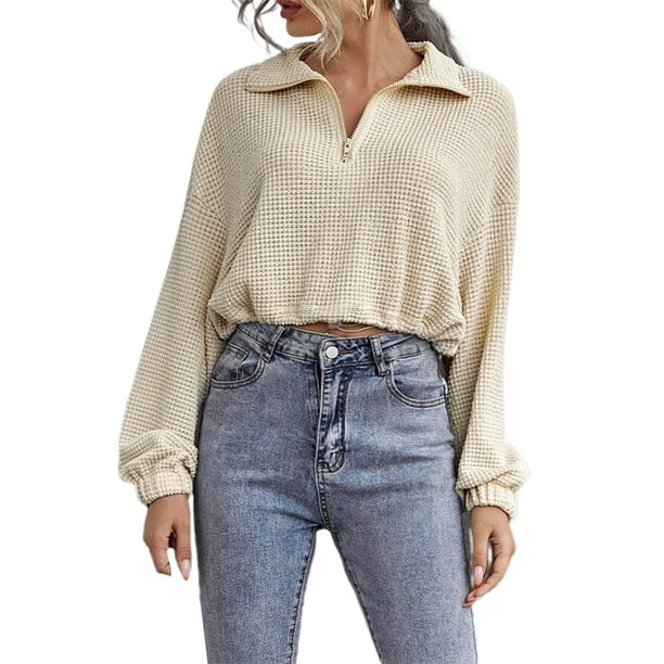 VISgogo - Polo de otoño para mujer, color sólido, solapa, cremallera, manga larga, jersey, tops para niñas, albaricoque VISgogo moda