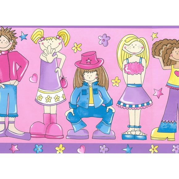 Prepasted Wallpaper Border - Kids Purple, Pink, Yellow, Brown Girls Power Wall Border Retro Design, 15 ft x 10.5 in (4.57m x 26.67cm)