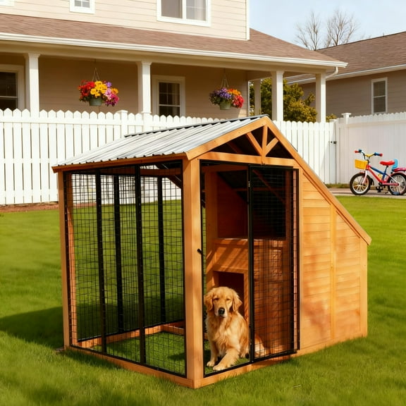 7ft x 5ft x 6ft Outdoor Dog House with Steel Roof , Heavy Duty Wooden Pet Shelter for Large Dogs, Lockable Door & Ventilated Weatherproof Dog Kennel