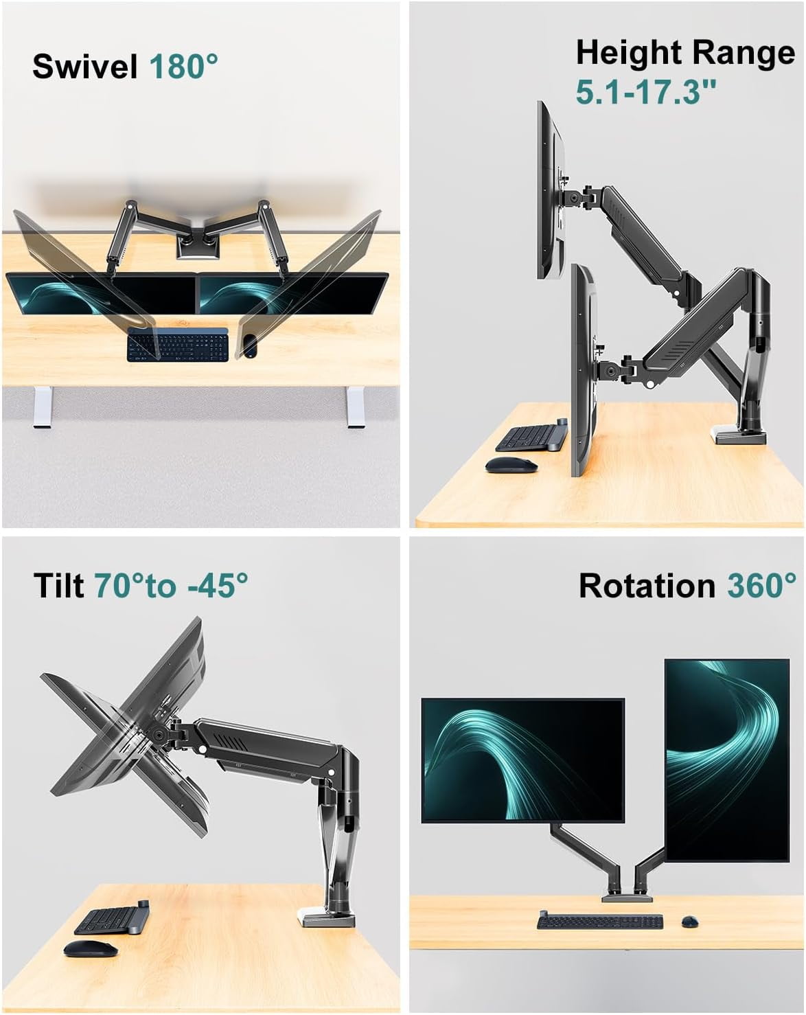 Dual Monitor Arm Desk Mount for 13-32 Inch Screens, VESA 75/100mm, Full Motion Adjustable Stand with Clamp/Grommet Base, Holds 4.4-22lbs, Black