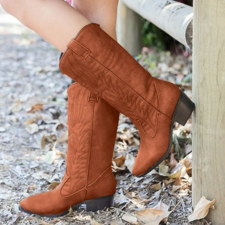 

Tangnade Boots for Women on Sale Women s Winter Fashion Slip On Boots Ladies Outdoor Flower Square Heels Shoes