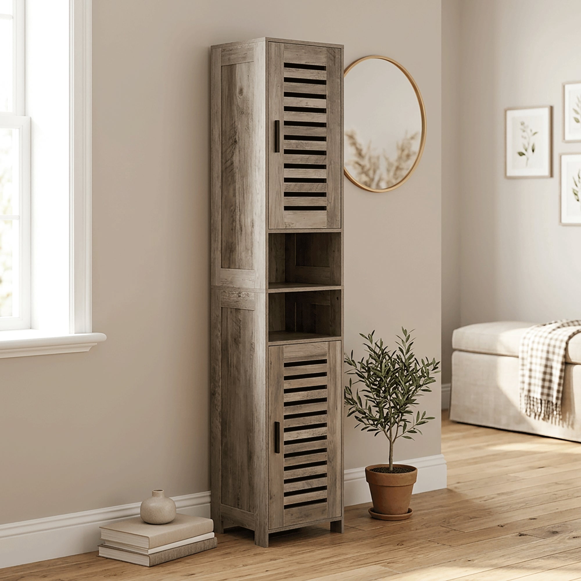 VECELO 67" Tall Bathroom Storage Cabinet, Slim Narrow Bathroom Cabinet Organizer with Doors and Adjustable Shelves, for Small Space, Living Room, Kitchen, Light Brown