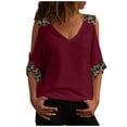 thumbnail image 2 of LoyisViDion Women Casual Leopard Print Blouse Short Sleeve V-Neck Cold Shoulder Shirt Blouse Tops Clearance Red S, 2 of 6