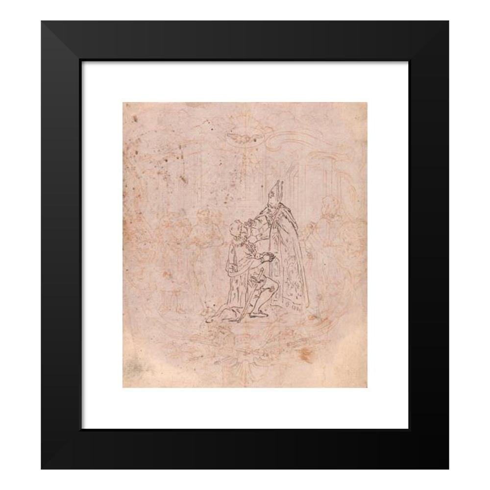 Hubert-François Gravelot 12x14 Black Modern Framed Museum Art Print Titled - Design for a Frontispiece; a Bishop Conferring an Honor, Scene Within a Cartouche