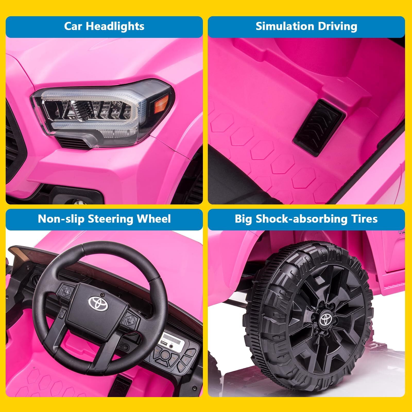 Sakiyr Licensed Toyota Tacoma 12V Kids Ride-On Car with Parent Remote Control | Spring Suspension | Safety Belt | Soft Start | LED Headlights | for 37-72Months
