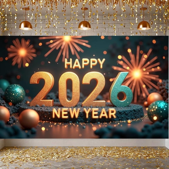 Golden Design Happy New Year Banner Firework Elements 2026 Banner Festive Shiny Decor New Year Decoration Banner for New Year Party Holiday Celebration Family Gathering