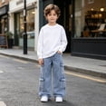 thumbnail image 2 of BOOMNY Boys Baggy Jeans Wide Leg Jeans For Boys Trendy Solid Color Elastic Waist Casual Denim Pants With Pocket, 2 of 9