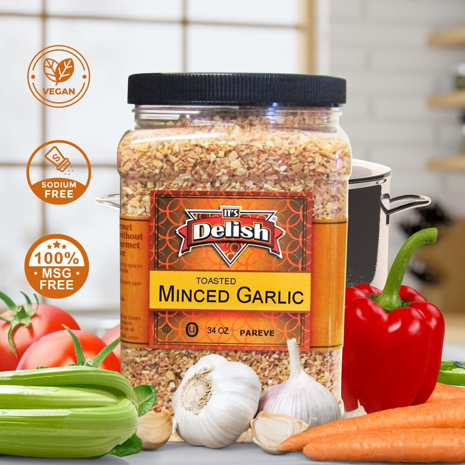 Gourmet Toasted Dried Minced Garlic by Its Delish, 2.1 LBS 34 Oz Jumbo Container Jar  Dry Roasted Garlic Flakes  All Natural Peeled Chopped Garlic Cloves Dehydrated - Kosher