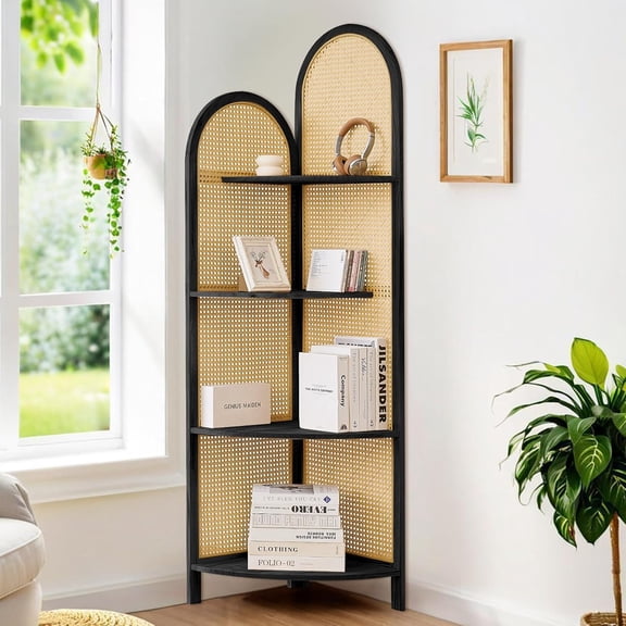 Leesinwing 4 Tier Corner Shelf, Pine Rattan Corner Bookshelf with Legs, 5.6 Feet Tall Corner Shelf, Minimalist Corner Shelves, Corner Shelves for Living Room, Bedroom, Bathroom, Black