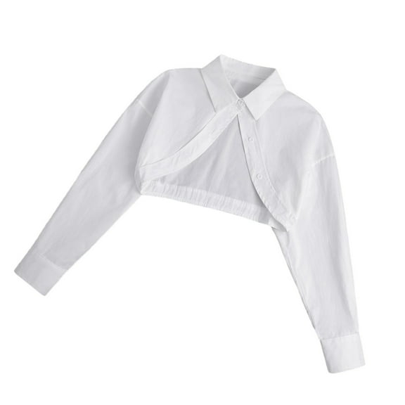 Women Long Sleeve Super Short Crop Top Cardigan False Collar Vintage Lapel Collared Button Up Half Shirt Blouse Jackets