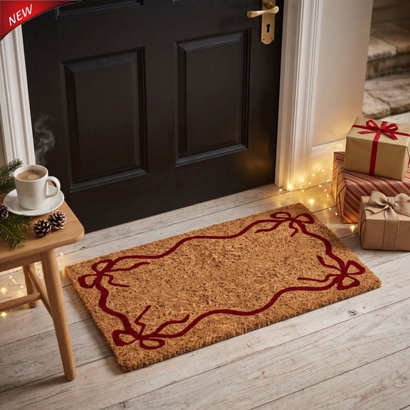 Qocolcyl Christmas Doormat 30×18 Inch, Red Bow Border Decorative Front Door Mat, Dirt Trapping Outdoor Welcome Mat, Winter Holiday Home Decor For Entrance Porch Patio