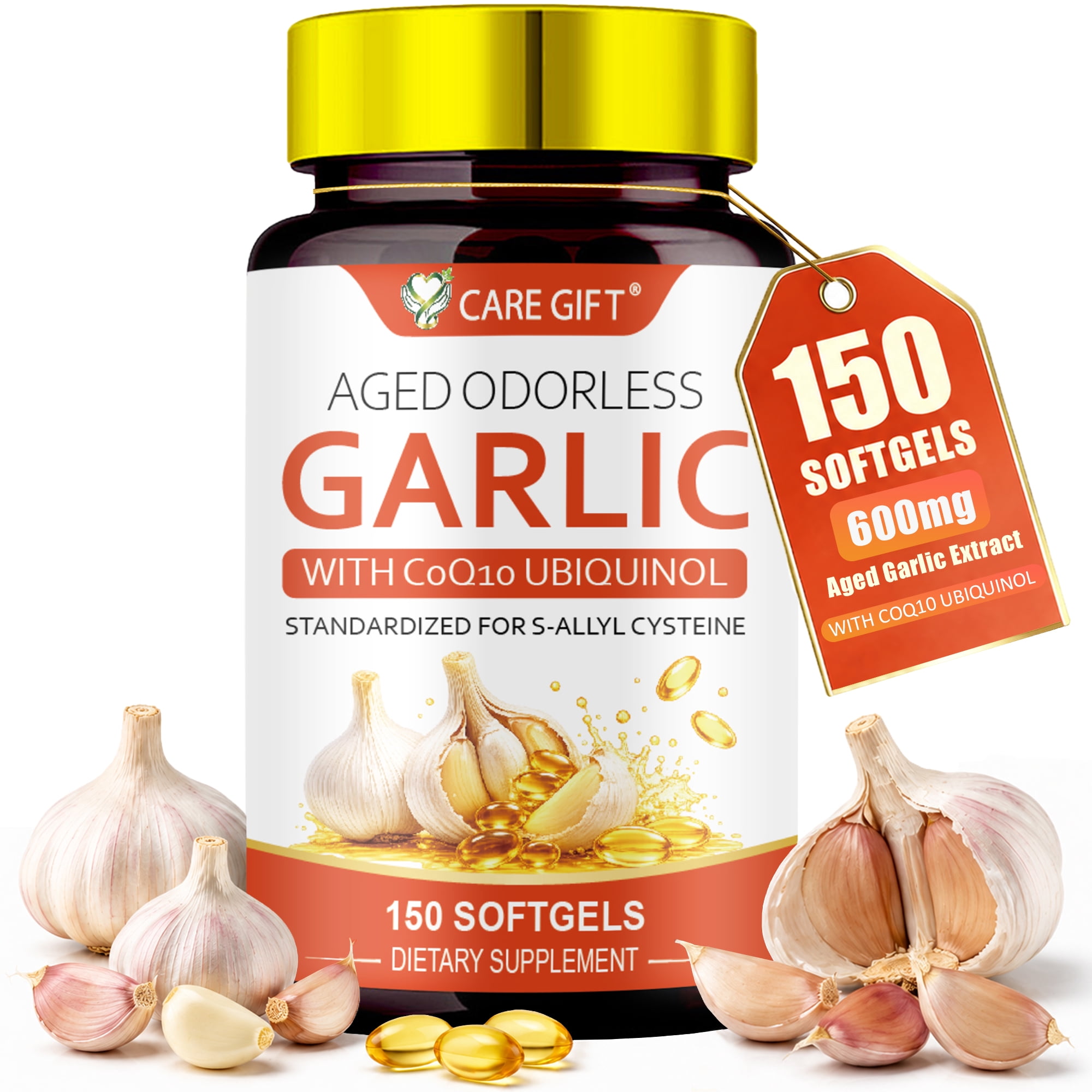 Odorless Aged Garlic Extract Softgels, 150 Softgels, Odorless Garlic Supplements 600mg Aged Garlic Extract Per Serving | With CoQ10 Ubiquinol & Vitamin K2 (MK-7) | 75 Days Supply