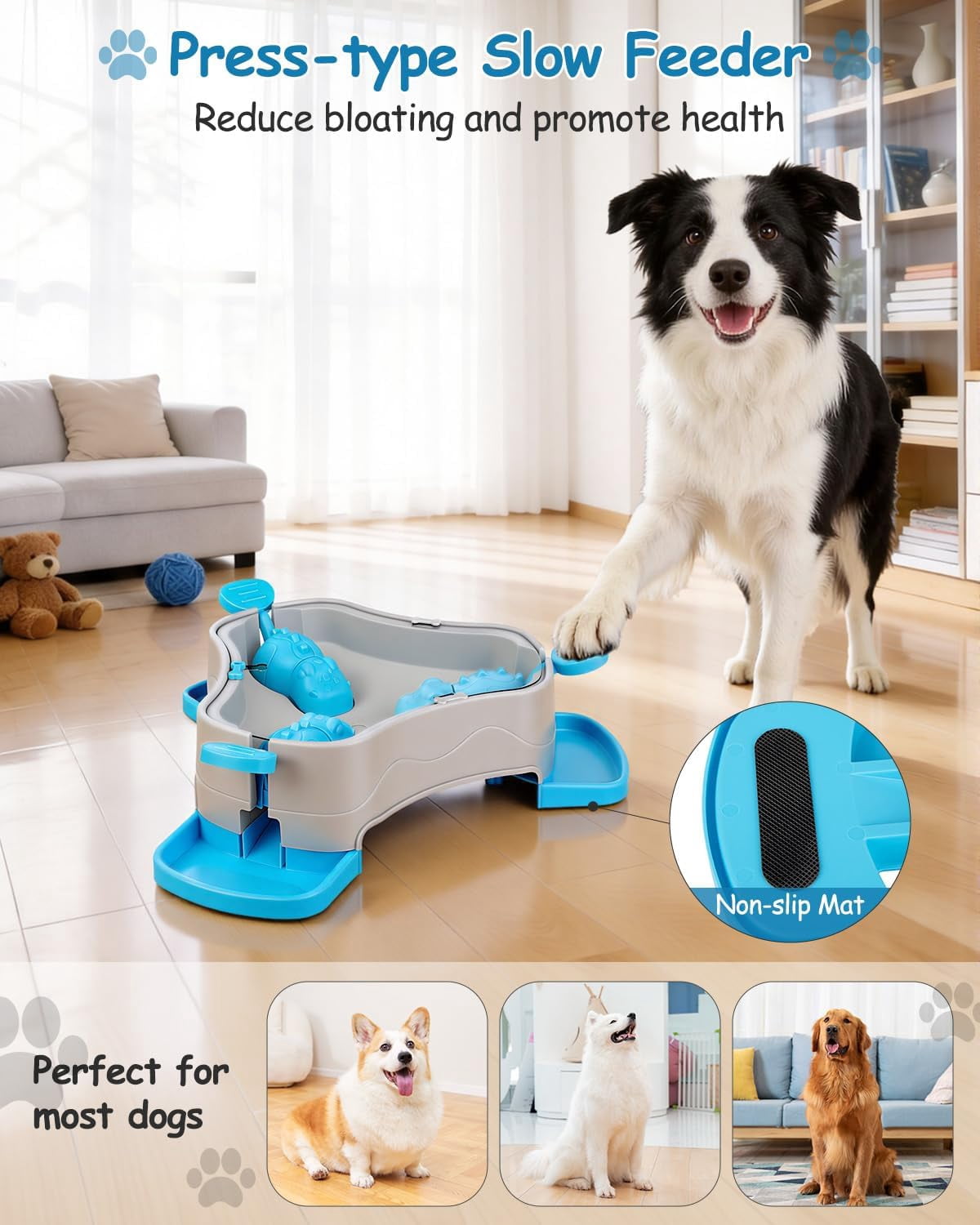 3-in-1 Press-Type Dog Treat Dispenser Puzzle Toy with No-Slip Slow Feeder for Interactive Brain Training and Enrichment for Smart Dogs and Cats, 3 Color Options