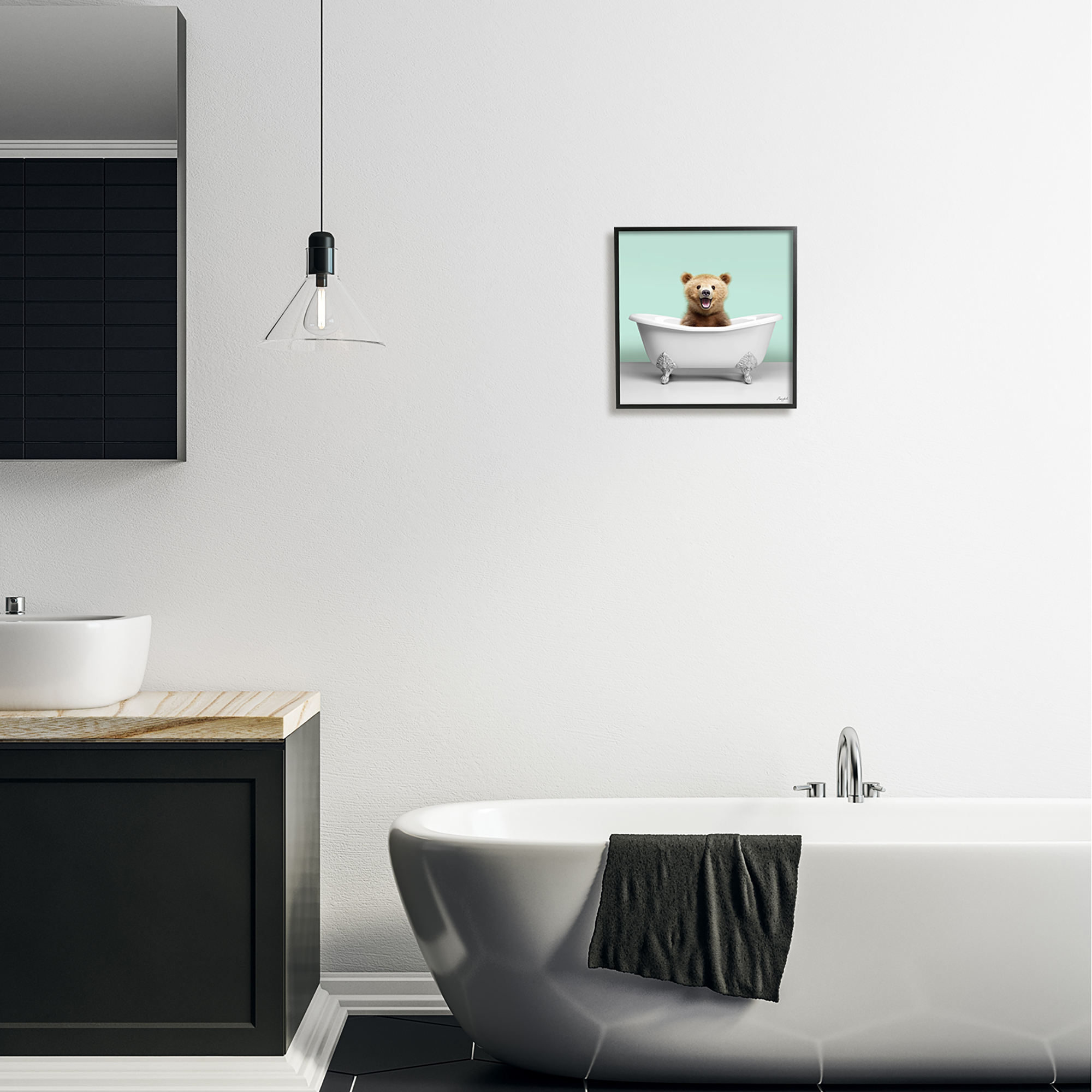Stupell Industries Bear Cub in Bathtub Animals & Insects Painting Black Framed Art Print Wall Art, 12 x 12