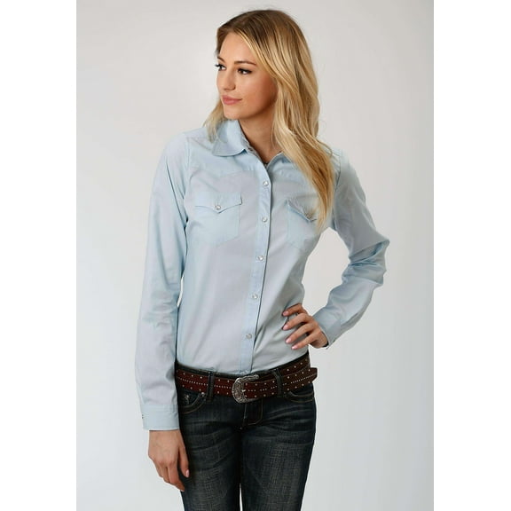 Roper Womens Long Sleeve Western Snap Shirt Instock Solid Poplin Solid Poplin Lt Blue