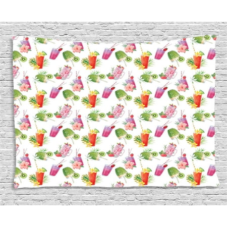 Vegan Tapestry, Watercolor Style Strawberry and Kiwi Smoothies Decorated with Tropic Flowers Fruits, Wall Hanging for Bedroom Living Room Dorm Decor, 60W X 40L Inches, Multicolor, by (Best Way To Decorate A Dorm Room)