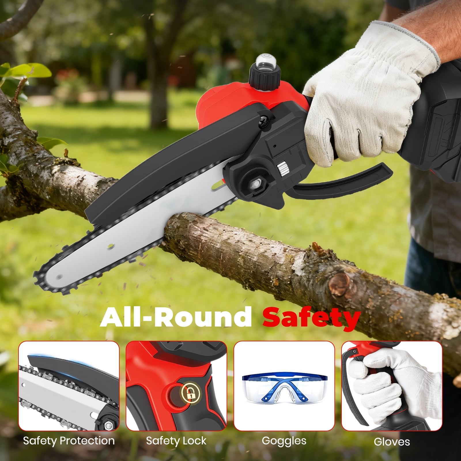 BAOKALER Mini Chainsaw, 4 & 6 inch Handheld Electric Chainsaw with 2×2.0Ah Batteries and 3 Chains for Tree Trimming Wood Cutting, Red