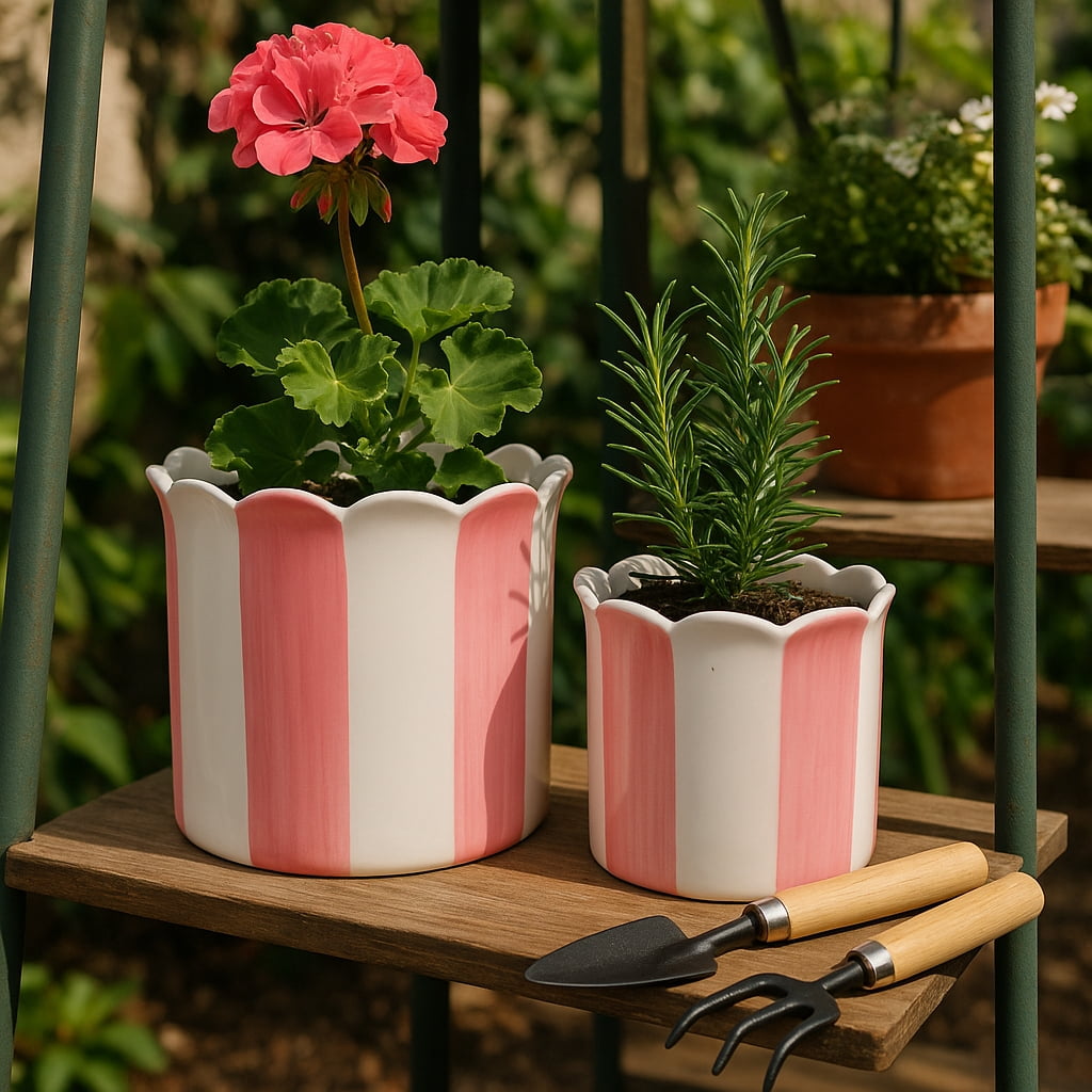 Ceramic Scalloped Striped Flower Pots for Home Decor - Decorative Planters for Indoor and Outdoor Plants - Plant Pots for Living Room and Garden Decor - Set of 2, 7", 6", Pink & White