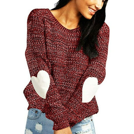 Women's cute Heart Pattern Patchwork Casual Loose Thin Long Sleeve Round Neck Knits Sweater Pullover