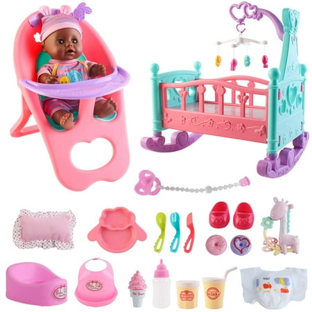 12” Baby Doll Play Set with Crib, Mobile, High Chair Feeding Accessories, Interactive Dolls for Girls Kids Pretend Play Baby Dolls 21 PCS