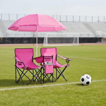 Topcobe Portable Folding Picnic Double Chair With Removable Umbrella Outdoor Camping Equipment for Travel Picnic Party-Pink