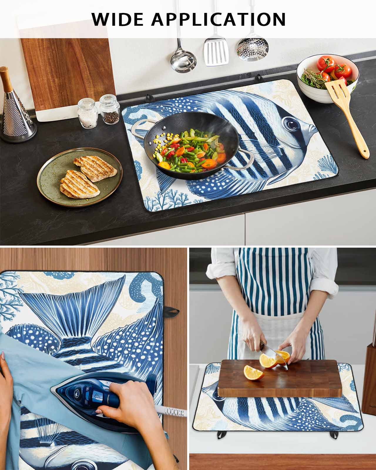 nqOlkjepod Large Induction Cooktop Protector Mat 24"x21", Blue Yellow Ocean Stove Top Covers for Electric Stove, Summer Coastal Stripe Fish Coral Stove Burner Cover Mats, Glass Top Stove Cover