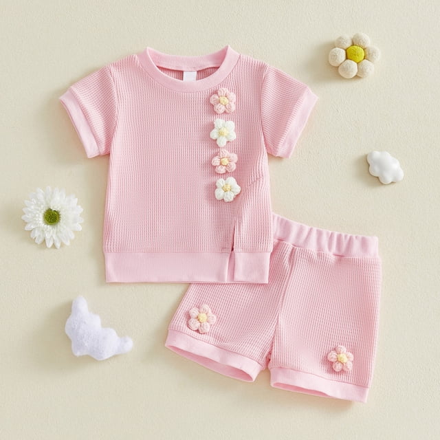 Conjuntos de blusas y camisas de cuello redondo y manga corta para niñas, ropa de verano de color liso con elegante bordado floral para niñas, conjunto de dos piezas de pantalones cortos de cuello red