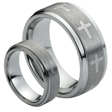 - For Him & Her 8MM/6MM Tungsten Carbide Brushed Center With Cross Design Wedding Band Ring Set