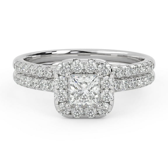 AFFY Half Eternity Halo Bridal Set Rings for Women, 0.95 Carat (ctw) Princess And Round Lab Grown Diamond Engagement Wedding Ring 14K White Gold Over 925 Sterling Silver F-G-H, SI Quality Size-4
