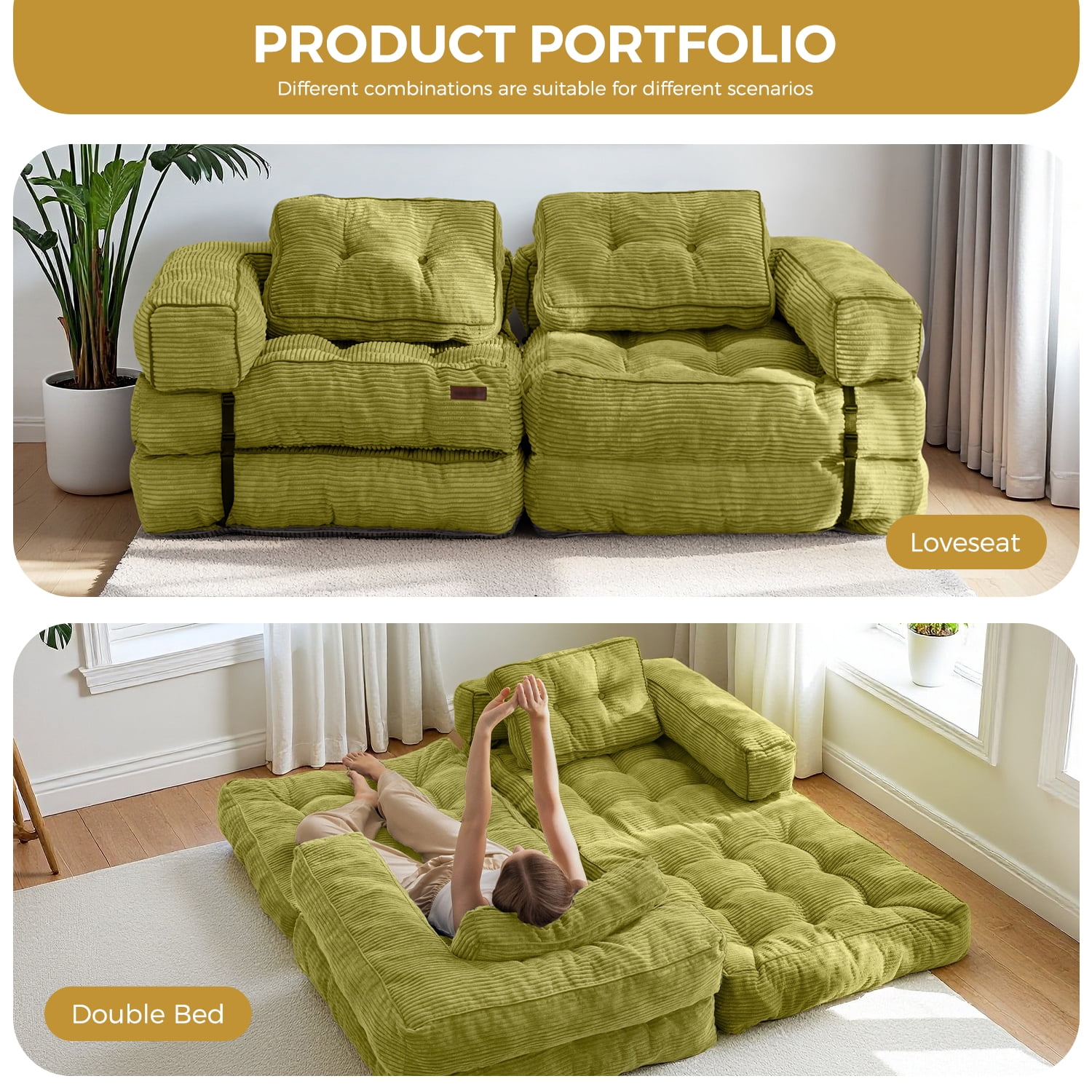 BYBYME Folding Sofa Bed,8 Inch L Shape Convertible Sofa Bed with Armrests,Floor Sofa Bed with Pillows,Portable Folding Chair Bed,Lounger for Living Room and Bedroom,etc.,Green