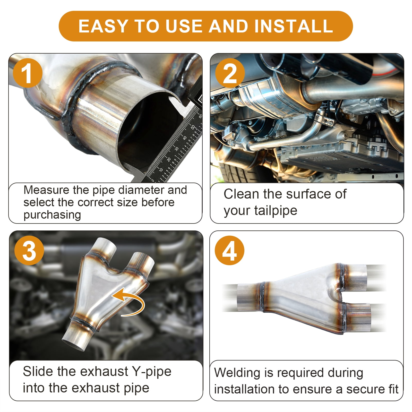 Exhaust Y Pipe, Universal 2.5" Inlet 2.5" Outlet Stainless Steel Y Pipe 10" Long