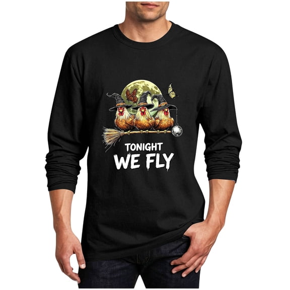 JOANKDMI Halloween Graphic T-Shirts for Men Long Sleeve Crewneck Funny Witch Broom Print Tops Casual Novelty Shirts for Fall Holiday Theme Party