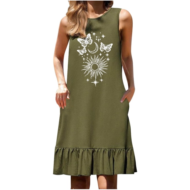 Faldas Cortas para Mujeres Vestido sin Mangas de Impresión Sexy, Falda Plisada de Cuello Redondo con Bolsillo Y Detalle de Empalme