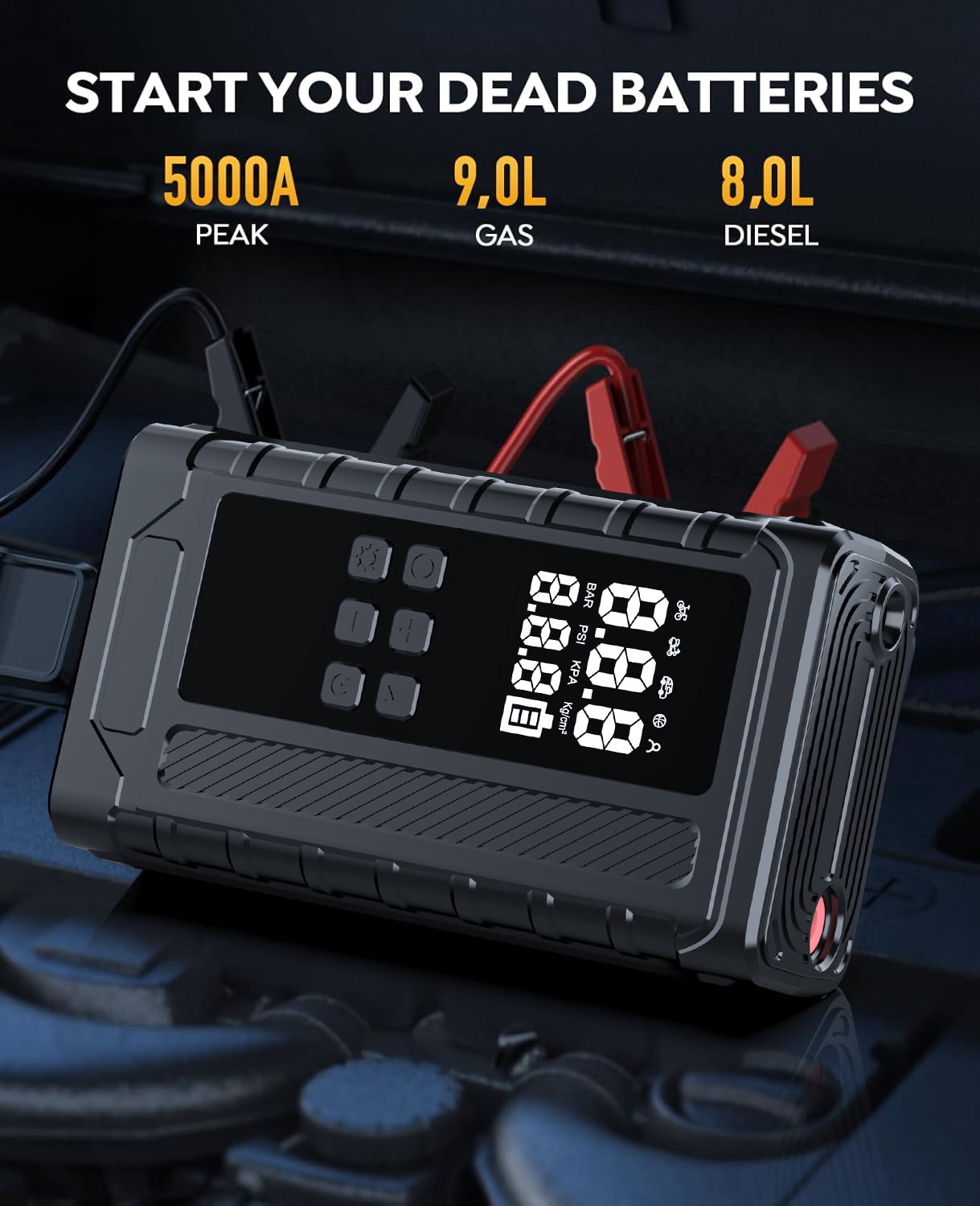 TRAKAR Jump Starter with Air Compressor,5000A Peak Car Battery Jump Starter(9.0 Gas/8.0L Diesel) 150PSI 14.8V Jump Box Car Battery Jumper Starter Portable with Jumper Cables,Power Bank,LCD Display