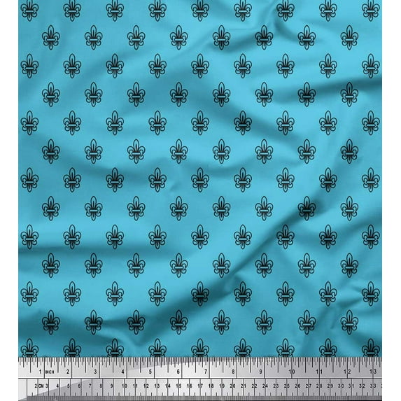 Soimoi Blue Cotton Duck Fabric Fleur_de_lis Damask Print Sewing Fabric Yard 42 Inch Wide