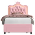 thumbnail image 5 of Homfa Twin Size Kids Bed, LED Upholstered Bed with Adjustable Crystal Button Tufted Crown Headboard, Soft PU Princess Platform Bed Frame with Storage Drawer, Pink, 5 of 8