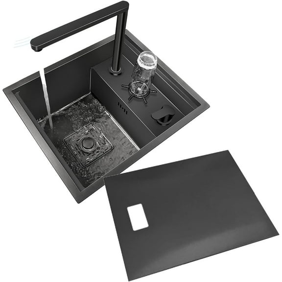Single Bowl Kitchen Sinks With Cup Washer ，Single Bowl Stainless Steel Workstation Bar Sink with Glass Rinser, for home Hotel Cafe Restaurant,black