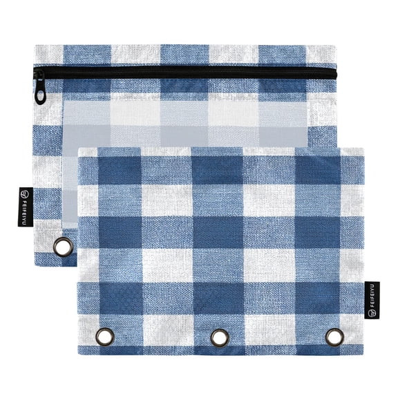 2 Pack 3 Ring Binder Pouch with Clear PVC Window Water Resistant Zipper Pencil Pouch Gray-blue Checkered Binder Pocket for Classroom Office Home Stationery Organization